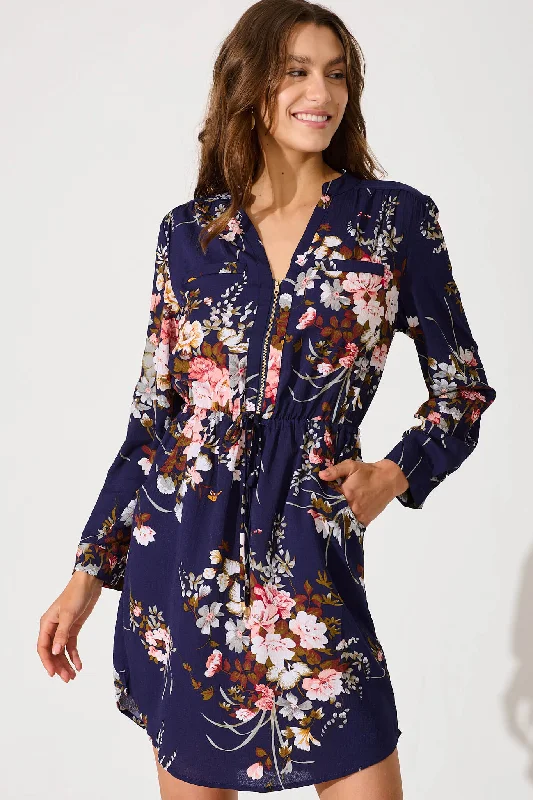 Mean Streak Zip Dress In Navy With Blush Multi Floral