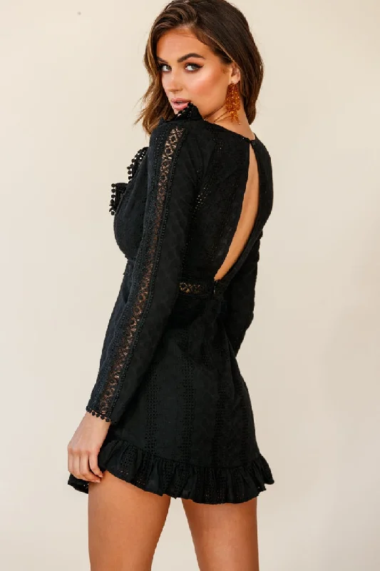 Mikal Long Sleeve Crochet Detail Frill Dress Black