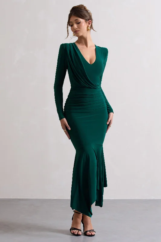 Milena | Bottle Green Plunge-Neck Maxi Dress With Draped Hem