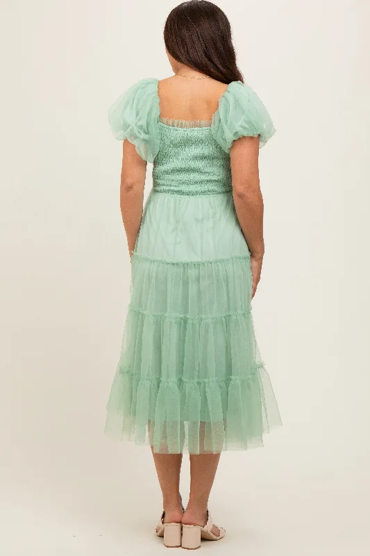 Mint Green Smocked Tiered Tulle Maternity Midi Dress