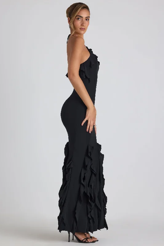 Ruffle-Trim Halterneck Gown in Black