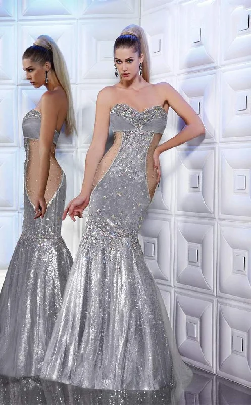 MNM Couture Ornate Illusion Paneled Gown 8181 - 1 pc Silver in Size 6 Available