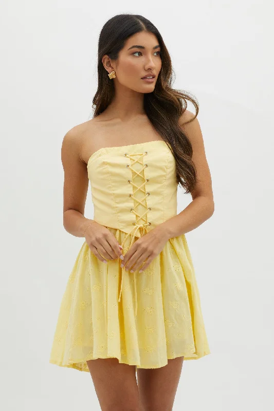 Mon Petit Lace-Up Bodice Mini Dress Yellow