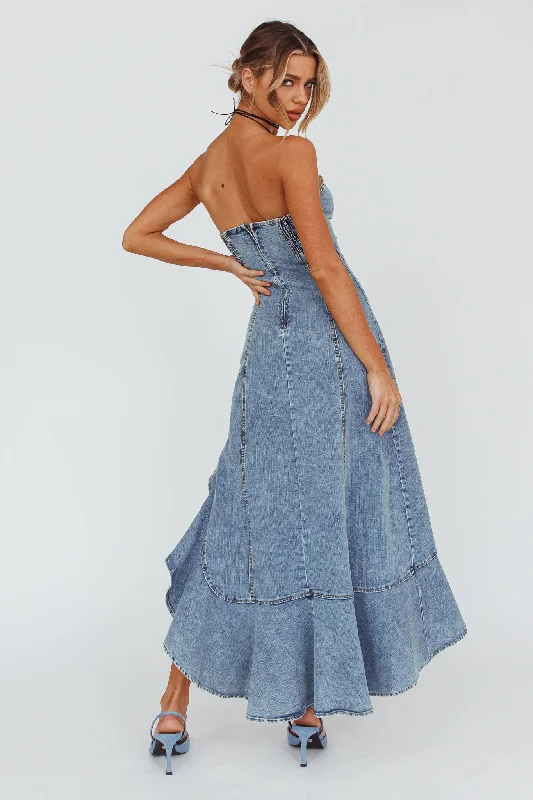 Moon Sweetheart Neckline Ruffle Midi Dress Denim