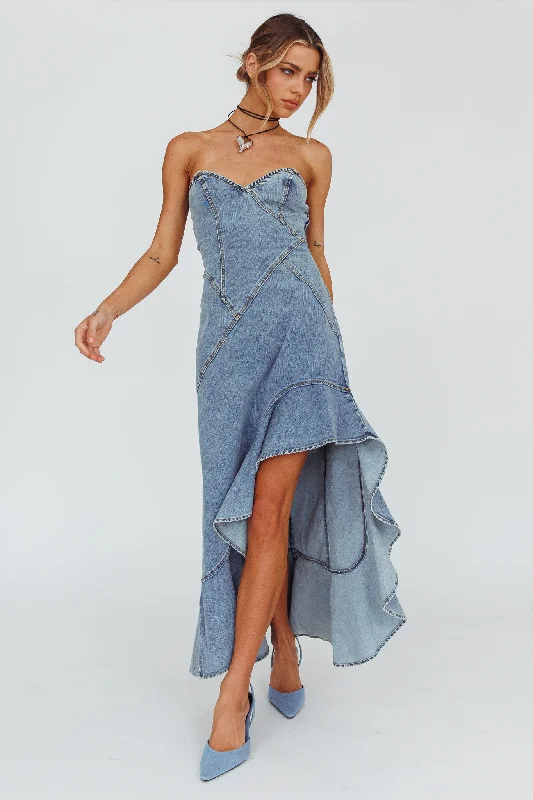 Moon Sweetheart Neckline Ruffle Midi Dress Denim