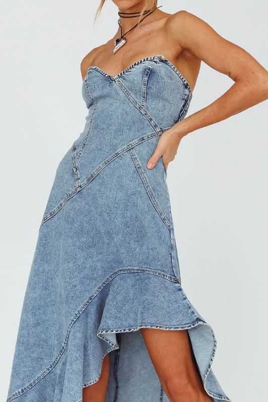 Moon Sweetheart Neckline Ruffle Midi Dress Denim