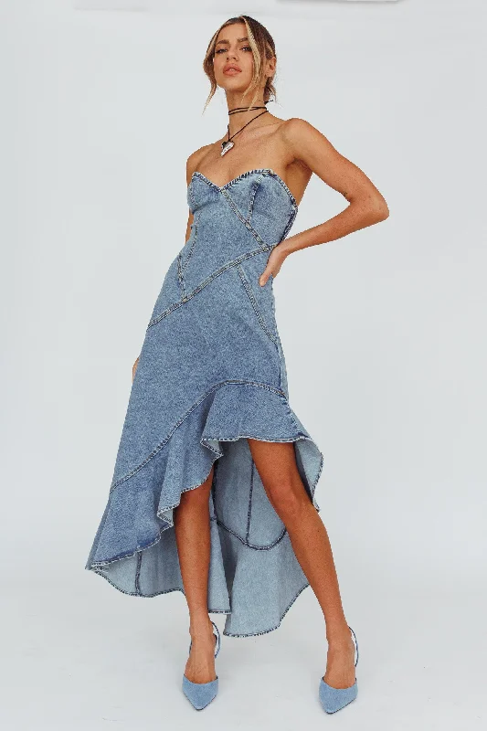 Moon Sweetheart Neckline Ruffle Midi Dress Denim