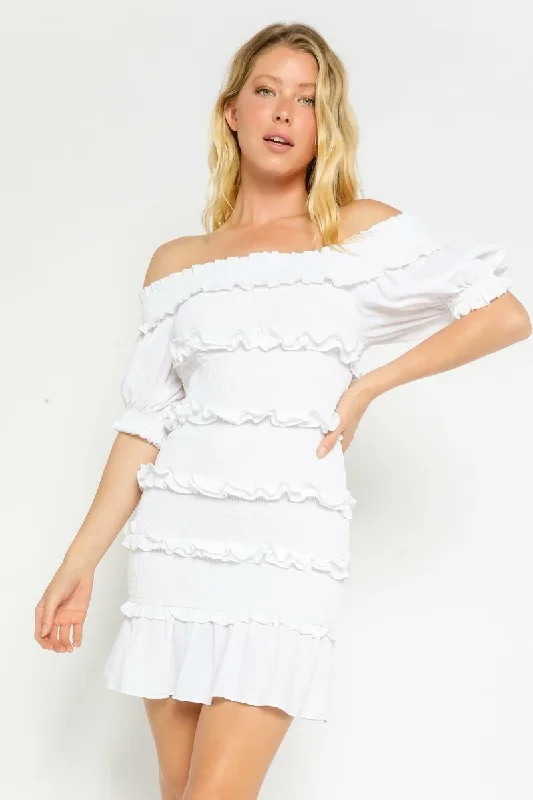 My Moment White Off-the-Shoulder Smocked Mini Dress