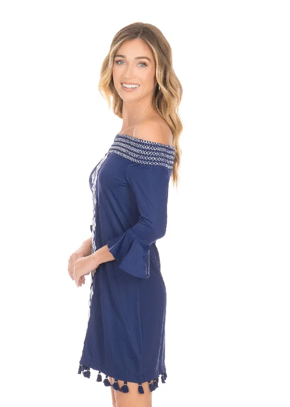 Navy Embroidered Off The Shoulder Dress