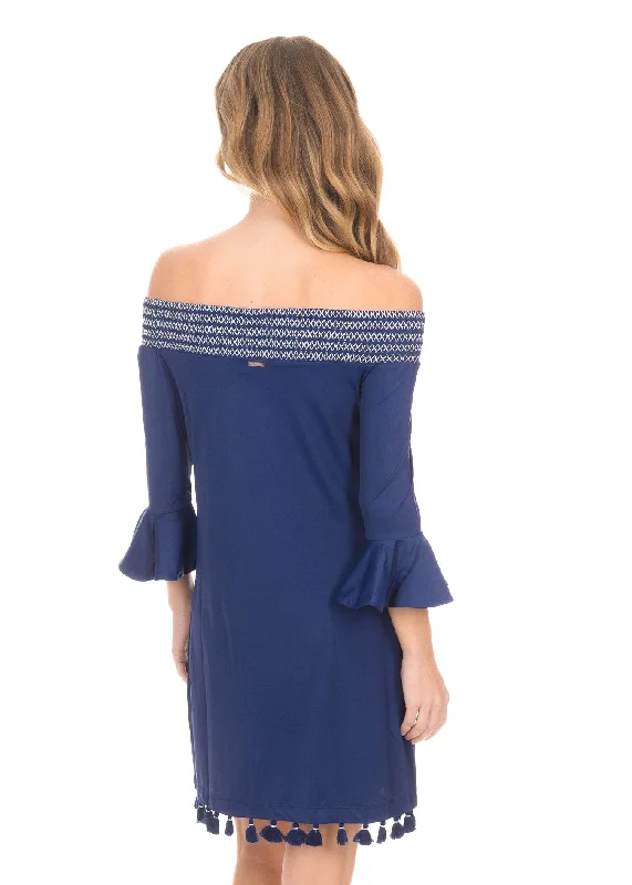 Navy Embroidered Off The Shoulder Dress