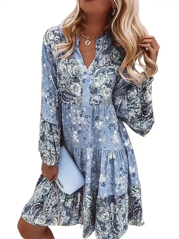 V-neck Floral Mosaic Printed Skirt Cropped Sleeve Layered Mini Dress