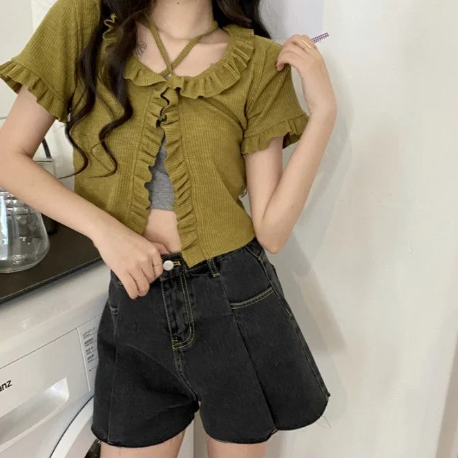 Flytonn-Korean style, Casual fashion, INS dressing, Lazy style, Graduation gift 
NO. 1370 LACE UP RIBBED TOP