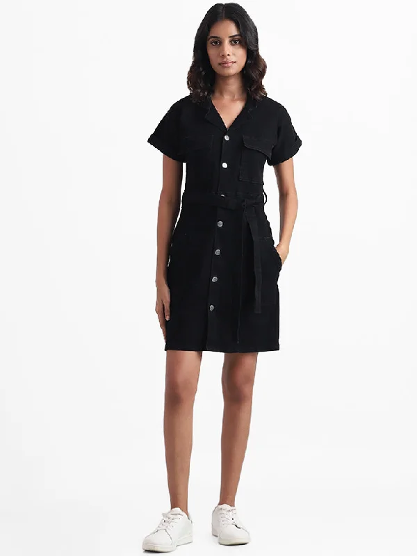 Nuon Solid Black Shirt Dress with Belt