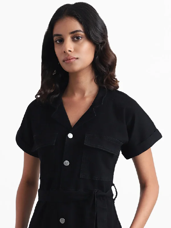 Nuon Solid Black Shirt Dress with Belt