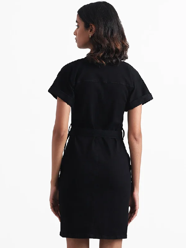 Nuon Solid Black Shirt Dress with Belt