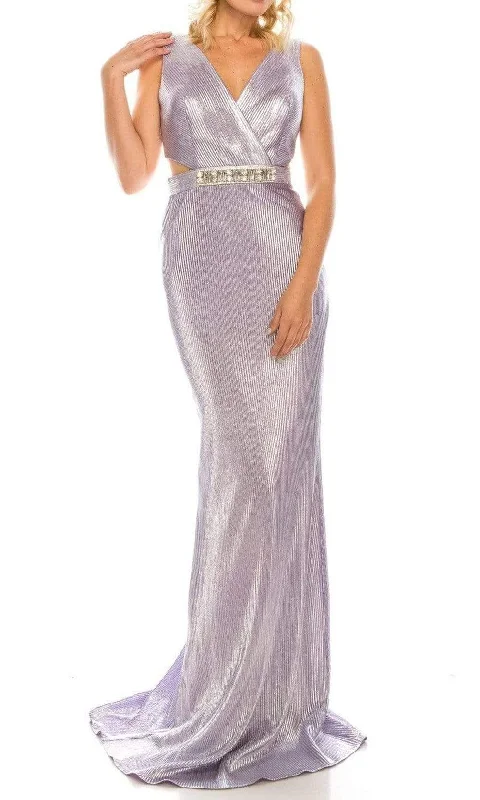 Odrella - 4763 V Neck Cutout Waist Metallic Rib Sheath Evening Gown