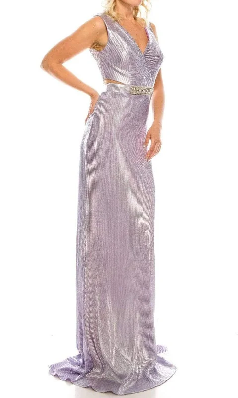 Odrella - 4763 V Neck Cutout Waist Metallic Rib Sheath Evening Gown