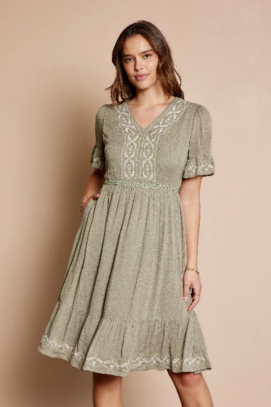 Olive Embroidered Maternity Midi Dress