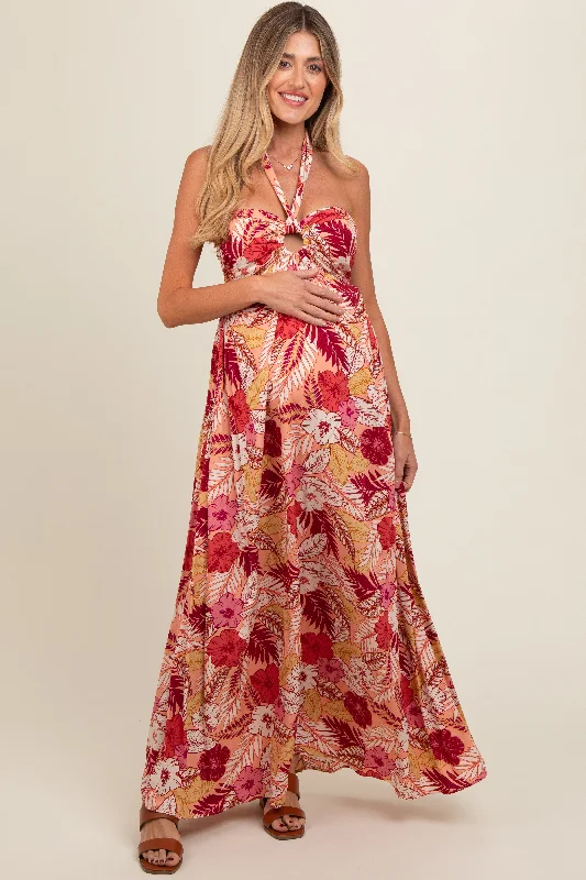 Peach Tropical Print Cutout Halter Neck Maternity Maxi Dress