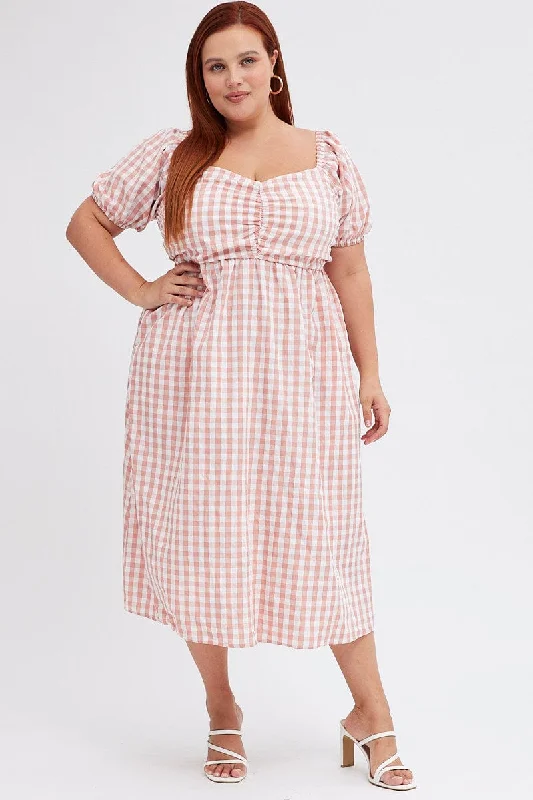 Pink Check Midi Dress Ruched Bodice Gingham Puff Sleeve