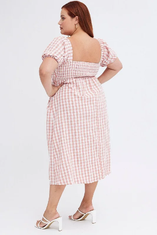 Pink Check Midi Dress Ruched Bodice Gingham Puff Sleeve