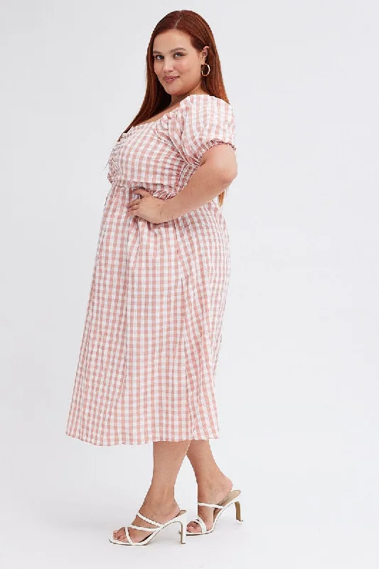 Pink Check Midi Dress Ruched Bodice Gingham Puff Sleeve