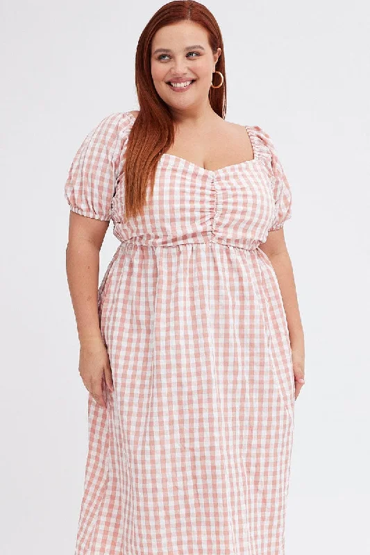 Pink Check Midi Dress Ruched Bodice Gingham Puff Sleeve