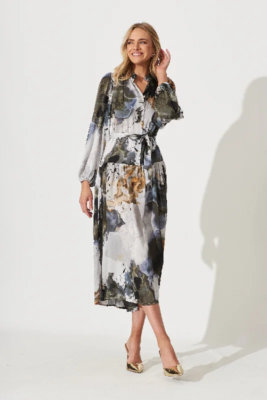 Pippa Maxi Dress In Charcoal With Gold Print Chiffon