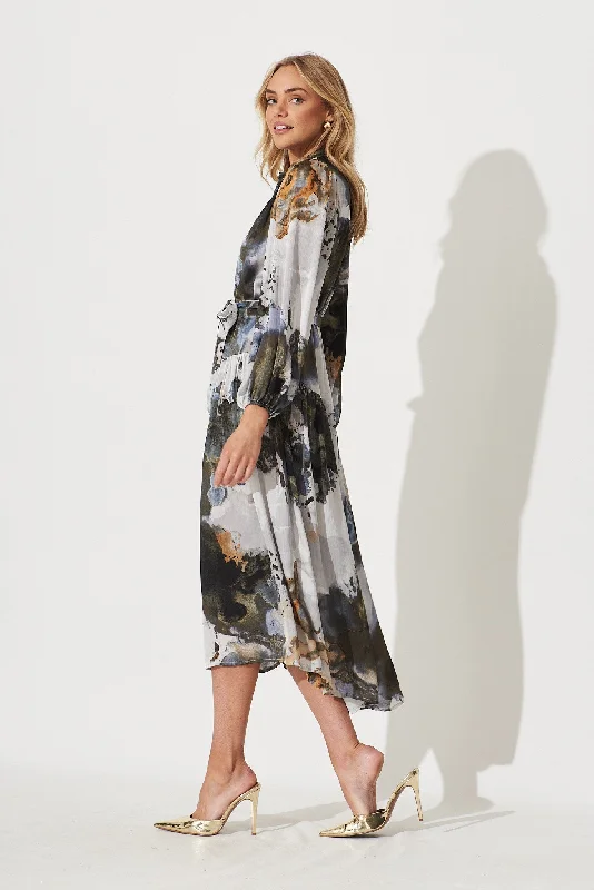 Pippa Maxi Dress In Charcoal With Gold Print Chiffon