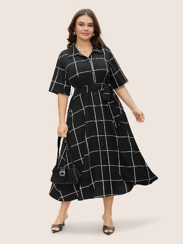 Plaid Shirt Collar Button Detail Belted Dress