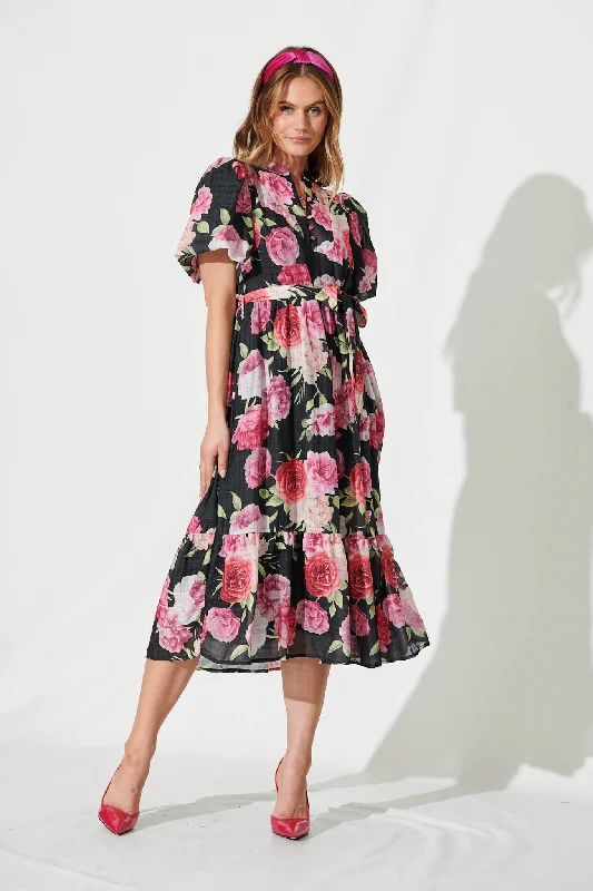 Portofino Midi Dress In Black And Pink Floral