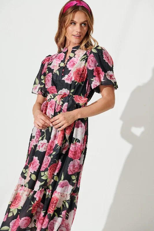 Portofino Midi Dress In Black And Pink Floral