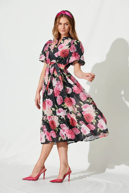 Portofino Midi Dress In Black And Pink Floral