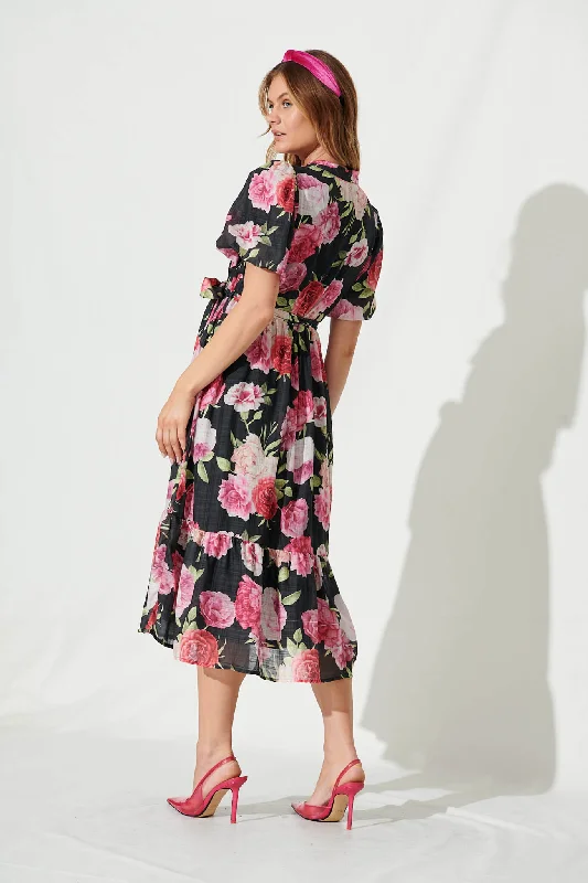 Portofino Midi Dress In Black And Pink Floral