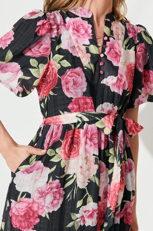 Portofino Midi Dress In Black And Pink Floral