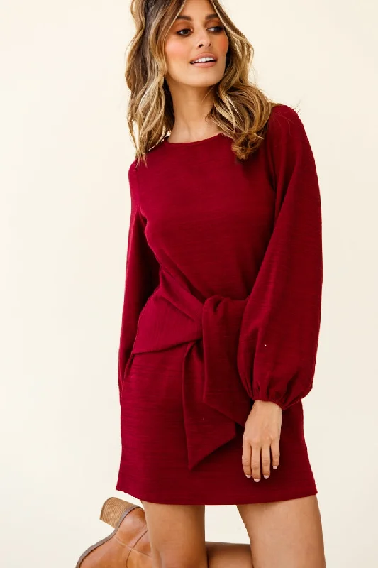 Rapt Waist Tie Balloon Sleeve Knit Dress Wine