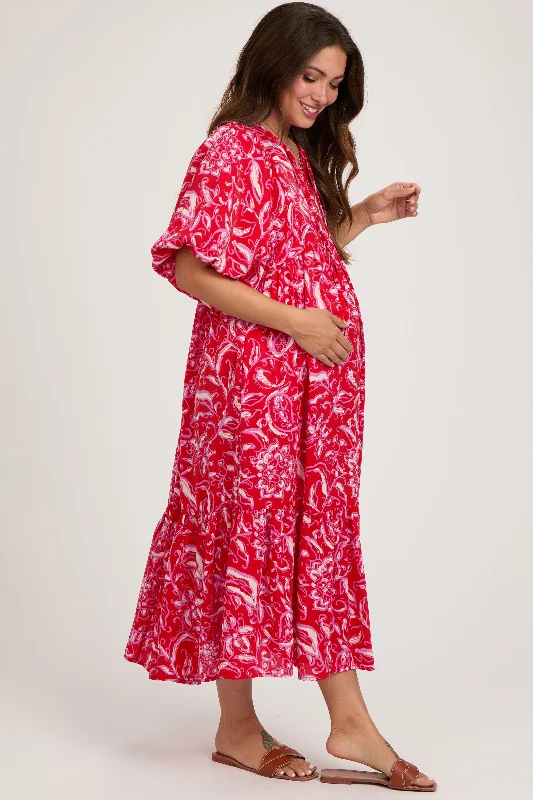 Red Floral Tiered Maternity Midi Dress