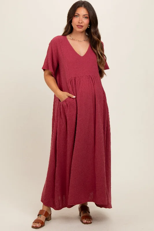 Red Gauze Short Sleeve Maternity Midi Dress