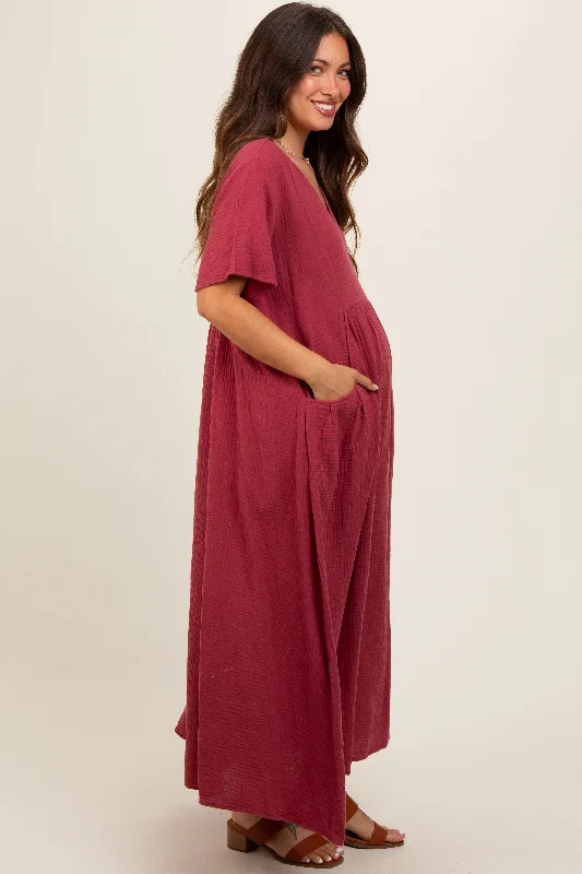 Red Gauze Short Sleeve Maternity Midi Dress