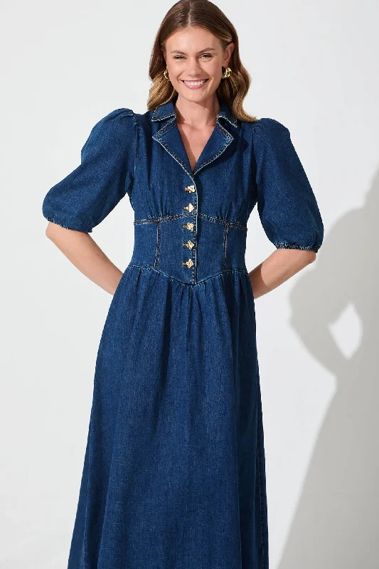 Roselyn Maxi Dress In Dark Blue Denim