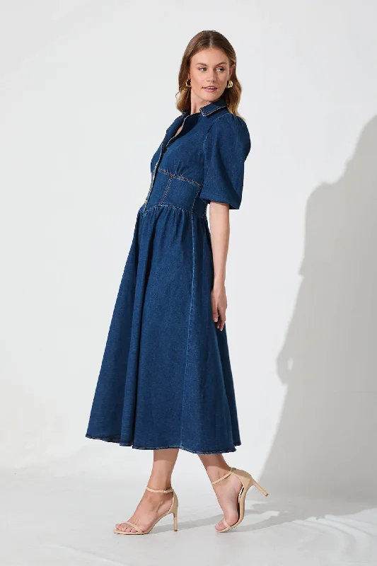 Roselyn Maxi Dress In Dark Blue Denim