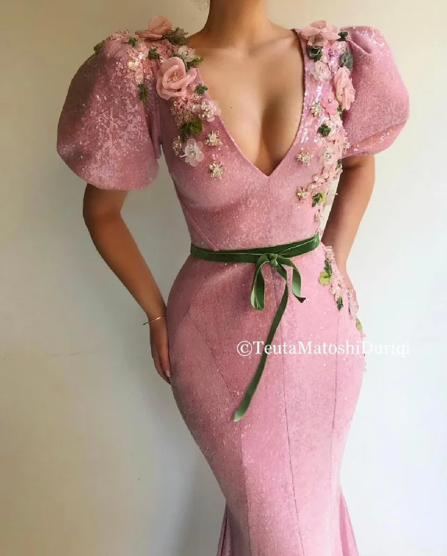 Rose Puff Sleeve Mermaid Gown