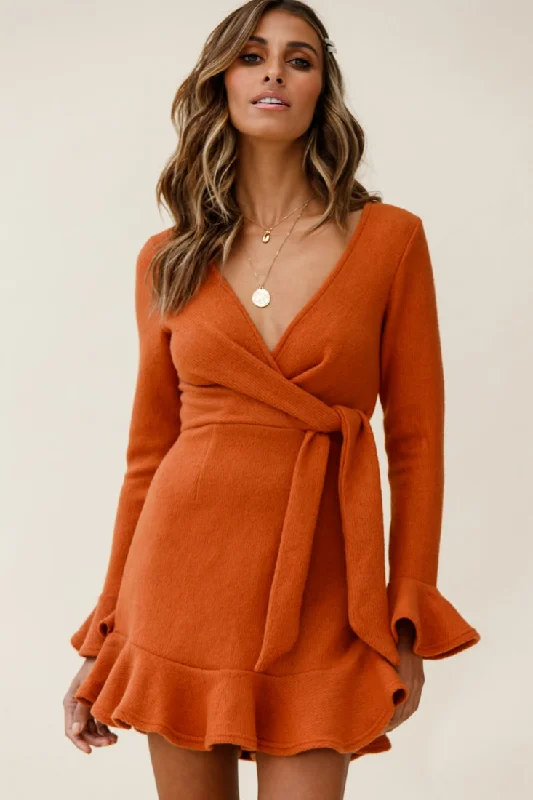 Shalini Flared Cuff Surplice Neckline Knit Dress Rust