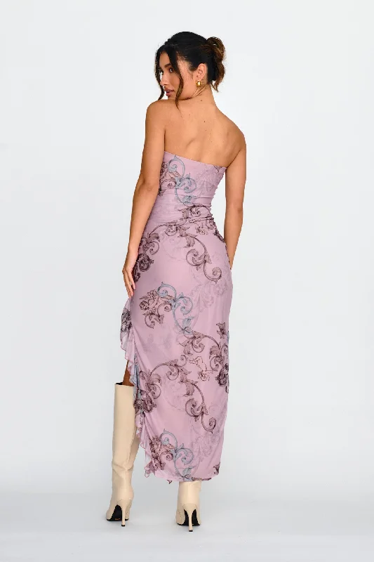 Shelby Strapless Ruffle Split Midi Dress Mauve