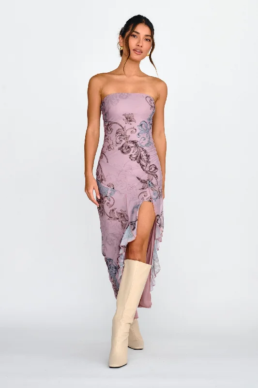 Shelby Strapless Ruffle Split Midi Dress Mauve