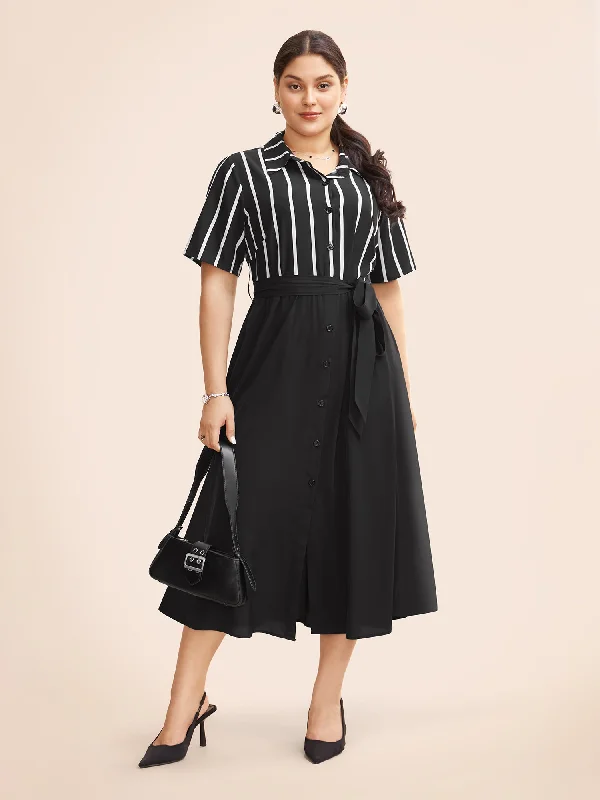 Shirt Collar Striped Patchwork Button Up Dress