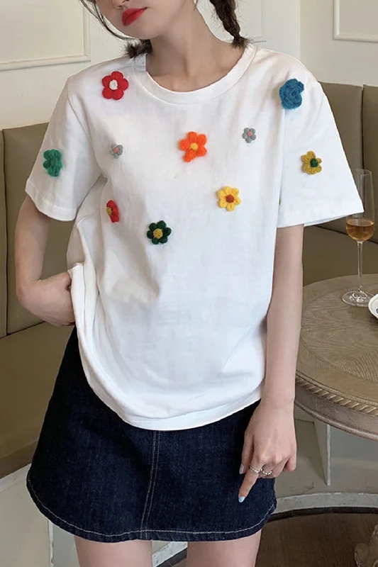 Flytonn-Graduation gift, dressing for the Coachella Valley Music Festival,Short Sleeve 3D Flowers Pattern Embroidered Shirt