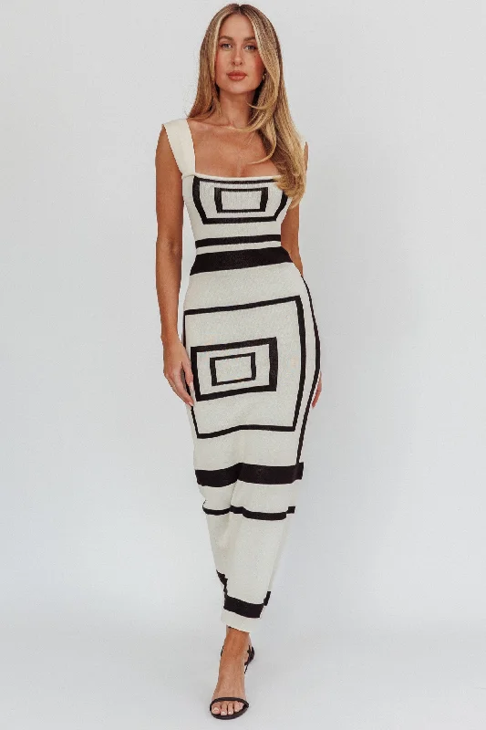 Stargazing Square Print Knit Maxi Dress Beige