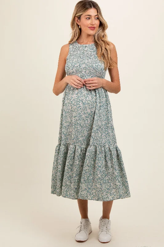 Teal Floral Smocked Ruffle Hem Sleeveless Maternity Midi Dress