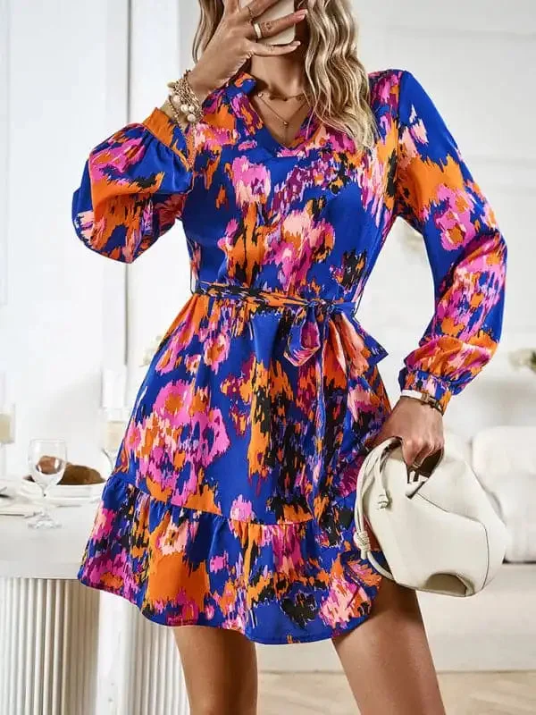 Temperament & Elegant V-neck Printed Waist Dress With Belt